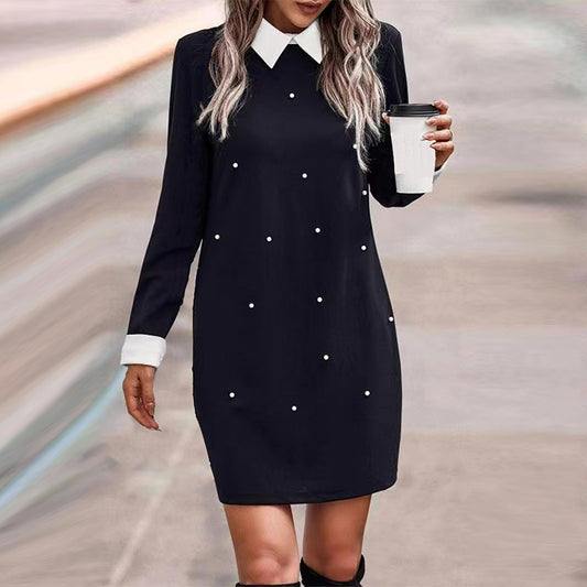 Elegant Contrast Color Beaded Dress with Long Sleeves