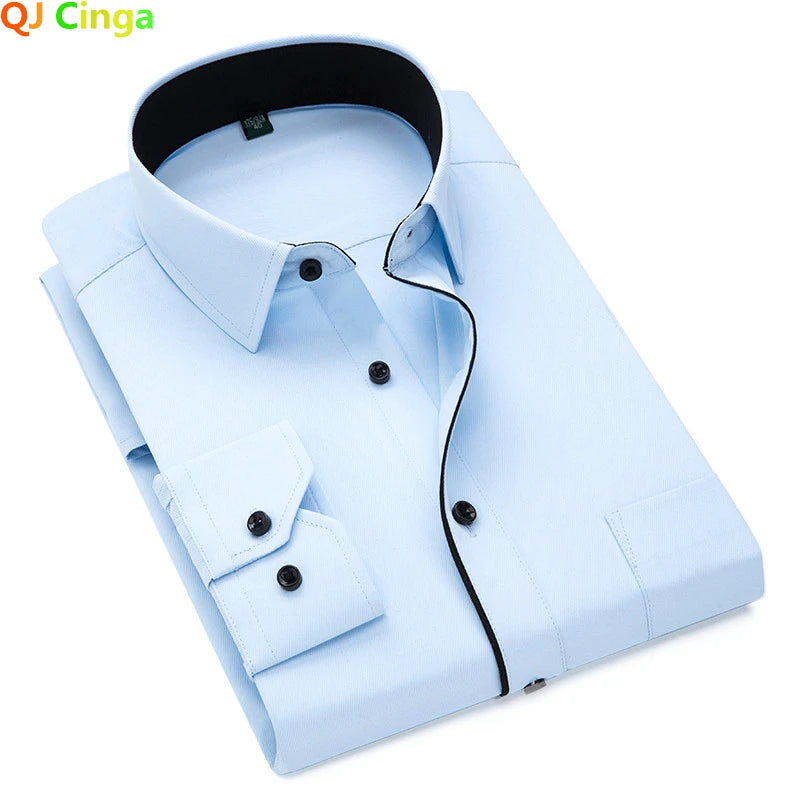 Chemise à manches longues en noir et blanc pour hommes, chemise en coton pour bureau d'affaires, Sky Blue Slim Fit Camisa/Chemise S-5XL