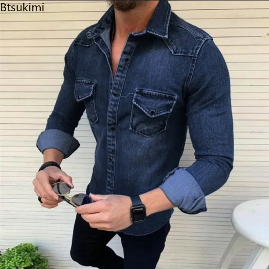 Chemise printemps automne pour hommes Jeans chemise à manches longues chemises en coton avec deux poches