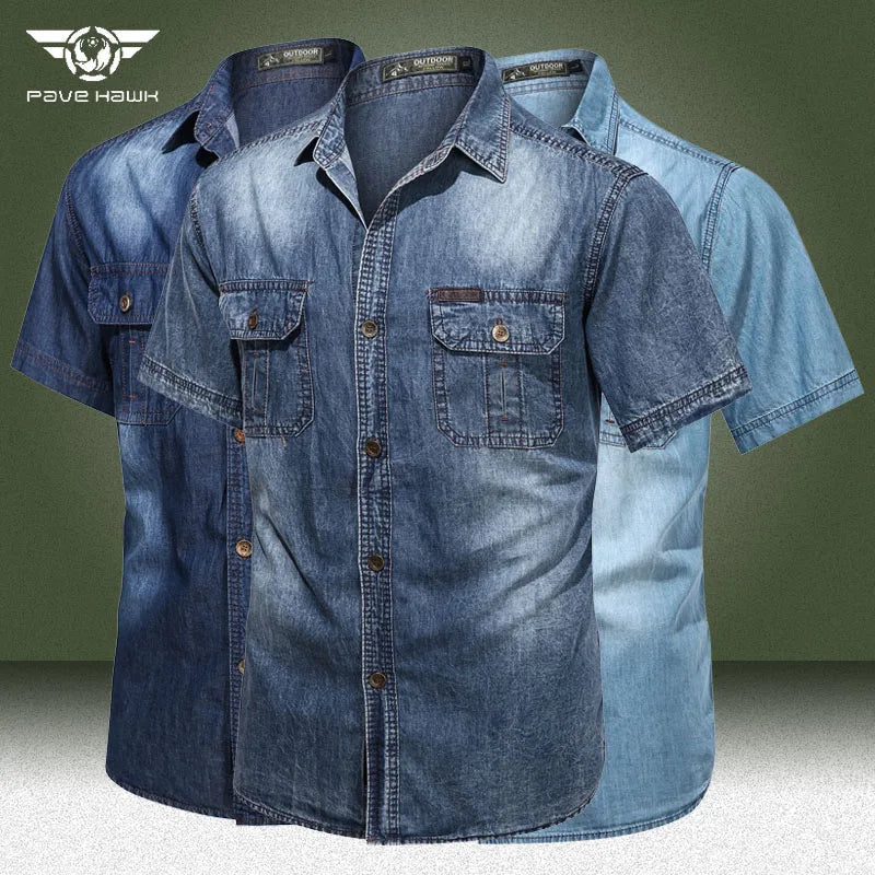 Men's denim jeans shirt vasual vhemise blue washed