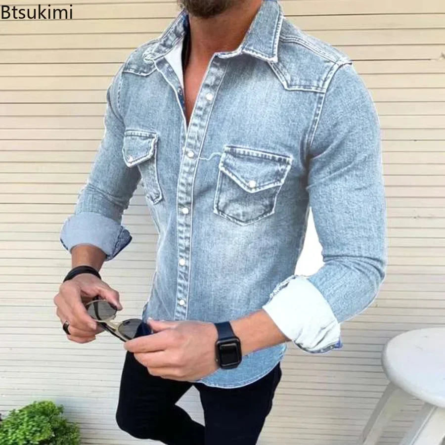 Chemise printemps automne pour hommes Jeans chemise à manches longues chemises en coton avec deux poches