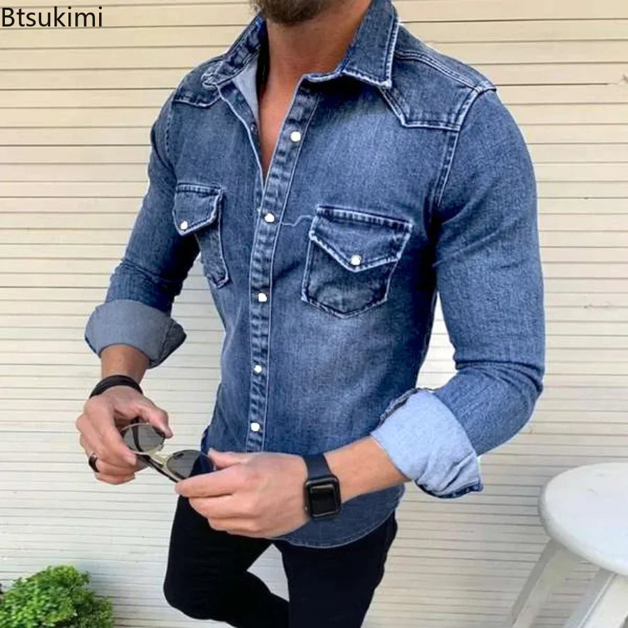 Chemise printemps automne pour hommes Jeans chemise à manches longues chemises en coton avec deux poches