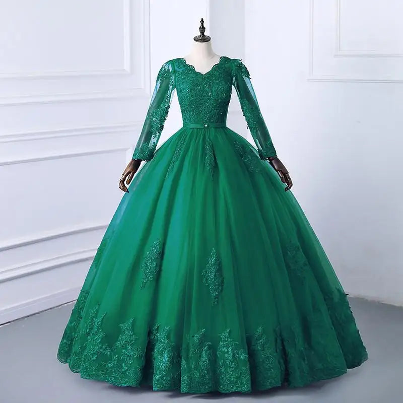 Robe de mariée à manches longues et col en V avec traîne de princesse robes de mariée classiques