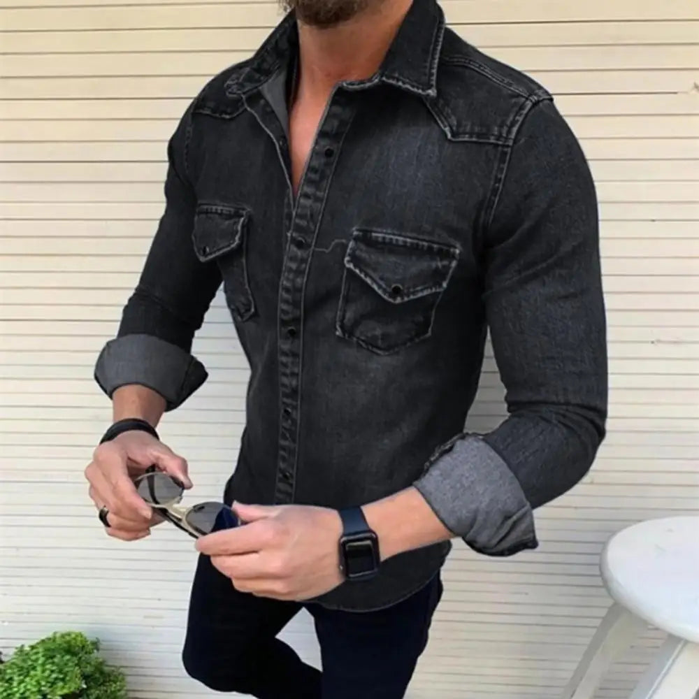 Men's Jeans Shirt Long Sleeve Soft Cotton with Two Pockets