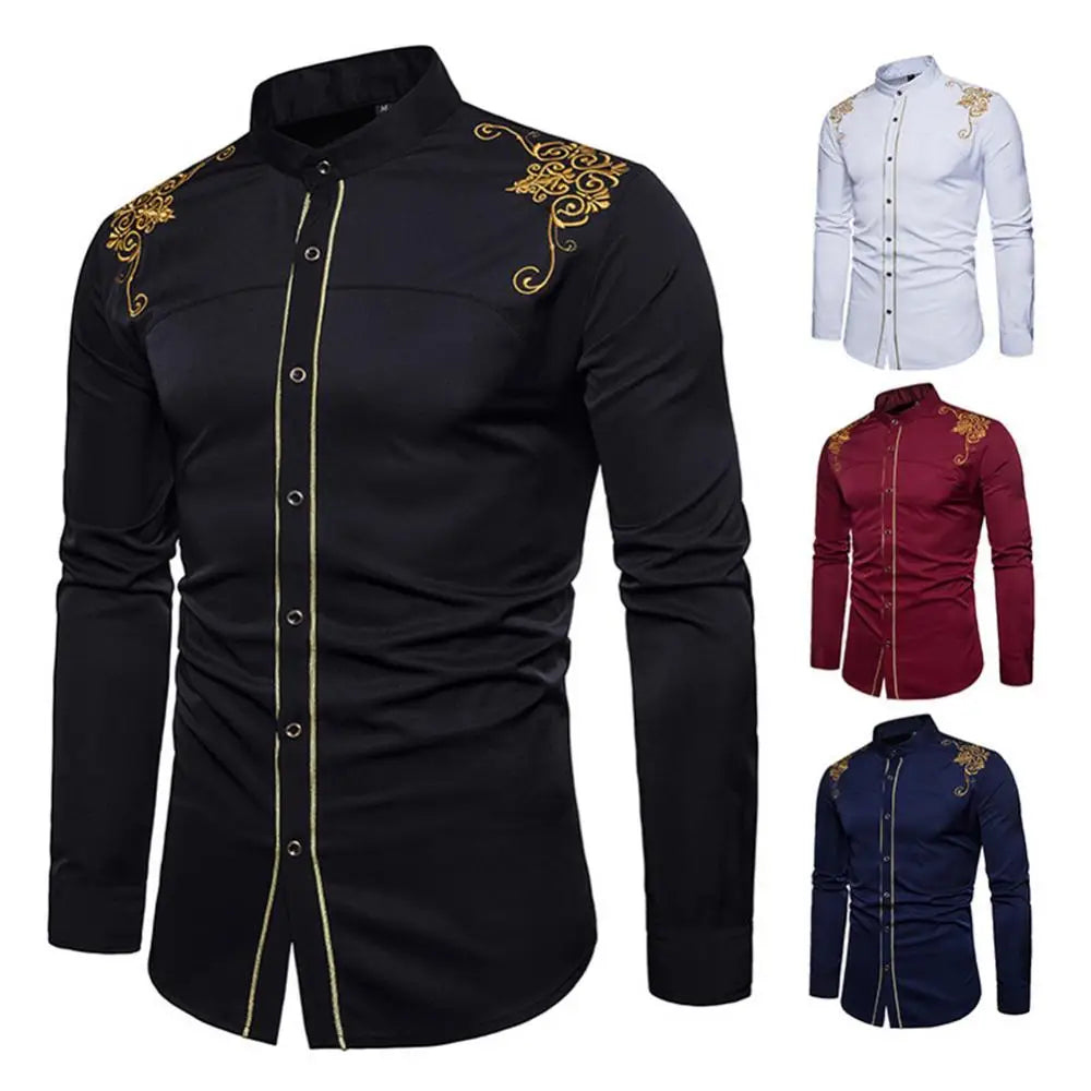 Gold Embroidery Shirts Men New Mens Shirts Button Closure