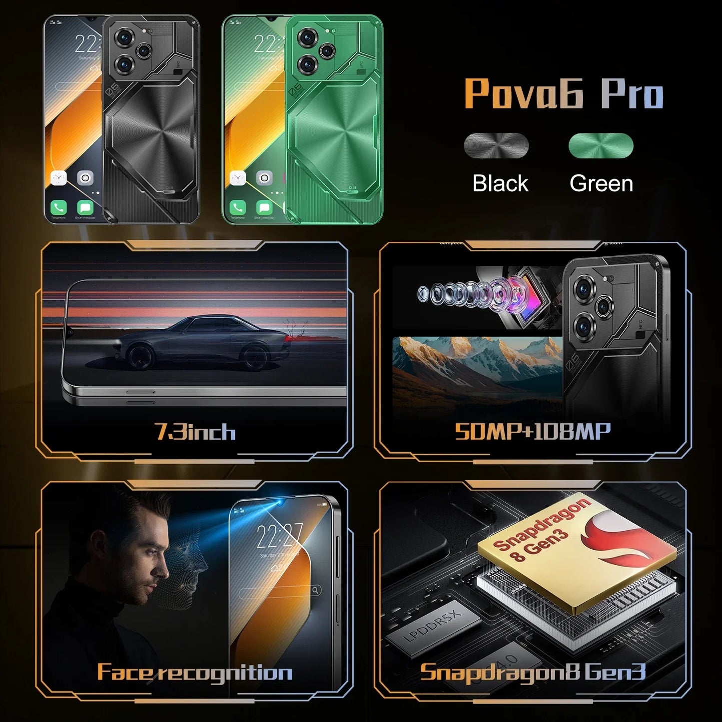 Smartphone Pova 6 Pro 2024 un écran haute définition avec un double carte sim 5G de 7,3 pouces 22Go RAM + 2 To ROM, Téléphones portables Android 14, 8000 mAh