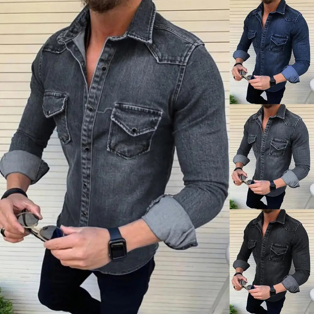 Men's Jeans Shirt Long Sleeve Soft Cotton with Two Pockets