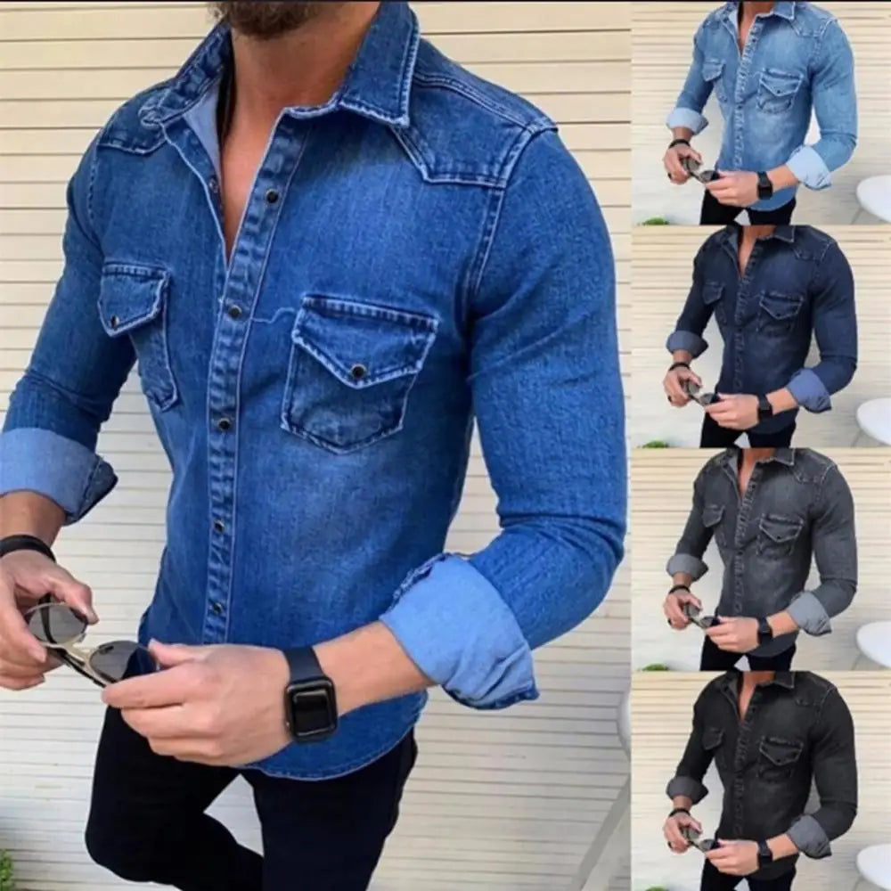 Men's Jeans Shirt Long Sleeve Soft Cotton with Two Pockets