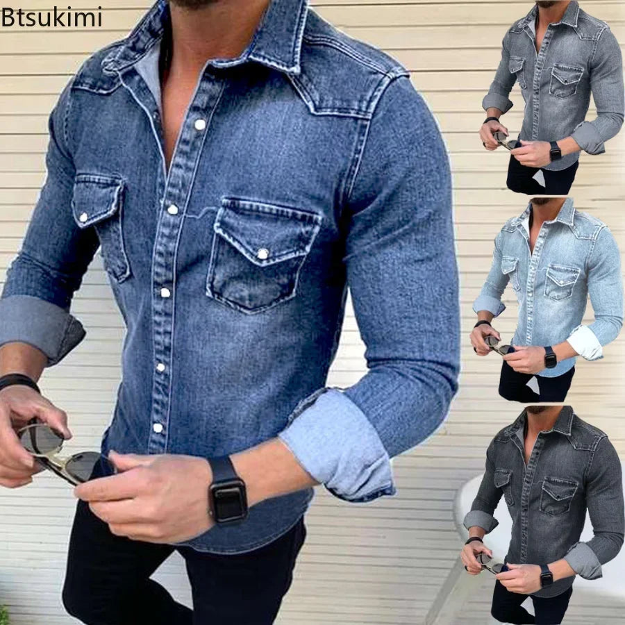 Chemise printemps automne pour hommes Jeans chemise à manches longues chemises en coton avec deux poches