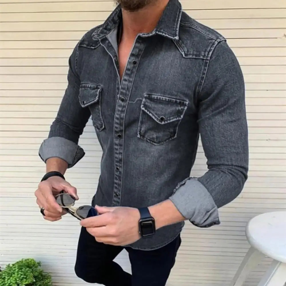 Men's Jeans Shirt Long Sleeve Soft Cotton with Two Pockets