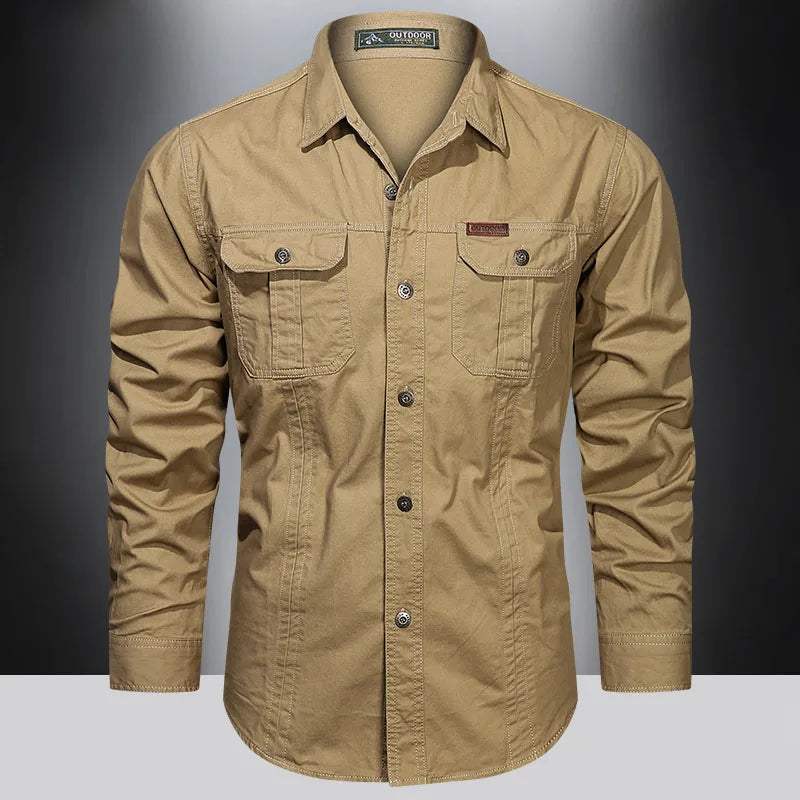 Chemise Cargo Hommes Long Sleeve Casual Cotton Shirts Haute qualité Camisa Militar Sur-shirt