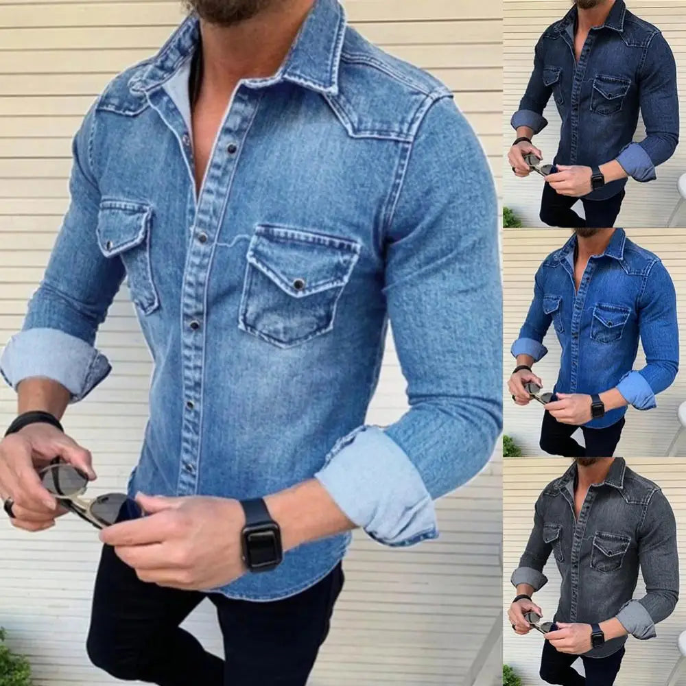 Men's Jeans Shirt Long Sleeve Soft Cotton with Two Pockets