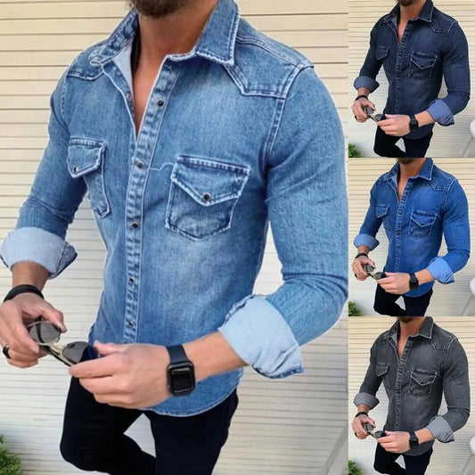 Chemise hommes Jeans à manches longues coton doux avec deux poches