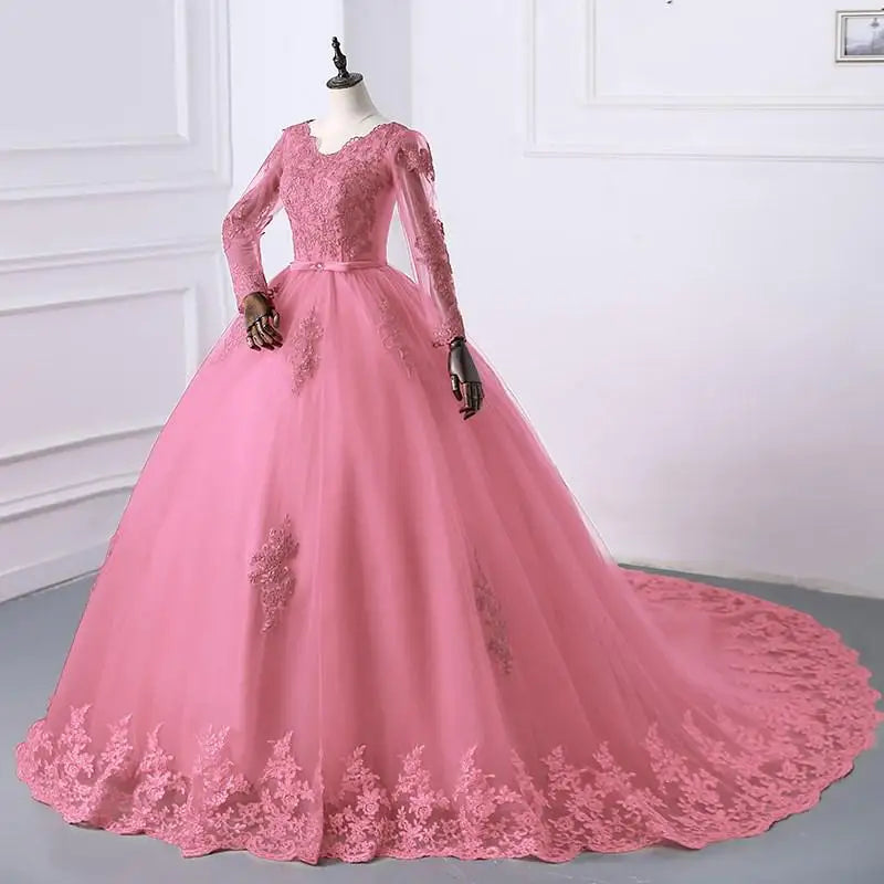 Robe de mariée à manches longues et col en V avec traîne de princesse robes de mariée classiques