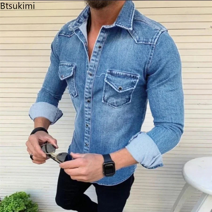 Chemise printemps automne pour hommes Jeans chemise à manches longues chemises en coton avec deux poches