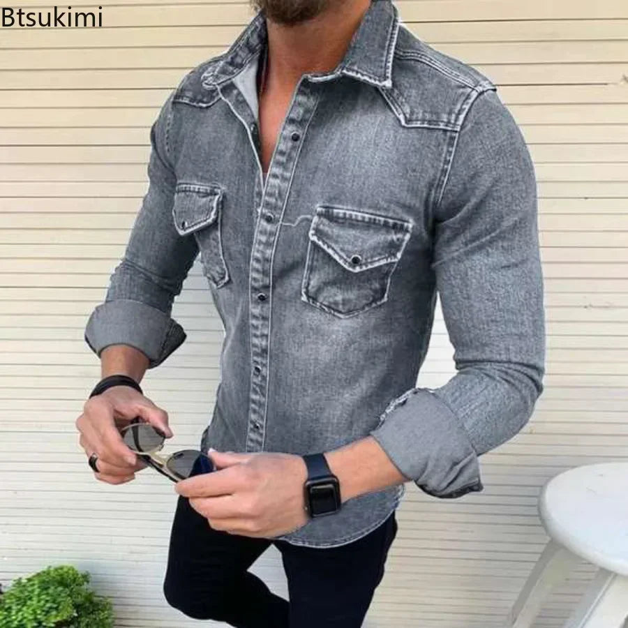 Chemise printemps automne pour hommes Jeans chemise à manches longues chemises en coton avec deux poches