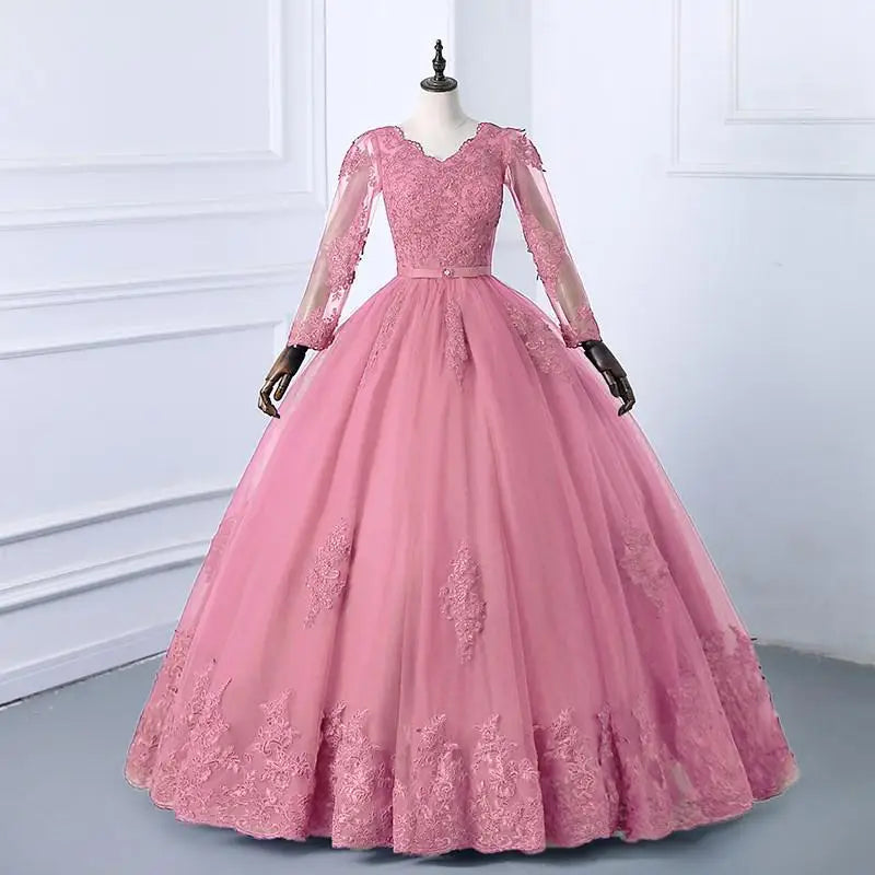 Robe de mariée à manches longues et col en V avec traîne de princesse robes de mariée classiques