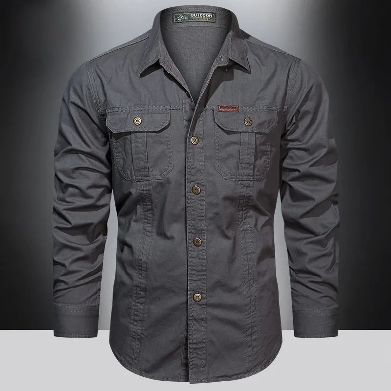 Chemise Cargo Hommes Long Sleeve Casual Cotton Shirts Haute qualité Camisa Militar Sur-shirt